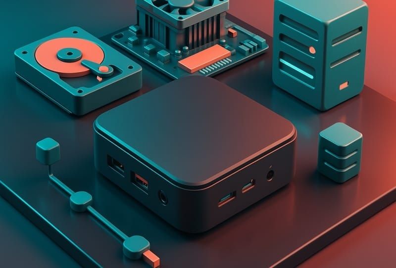 Mini-serveur compact entouré de composants informatiques sur un bureau